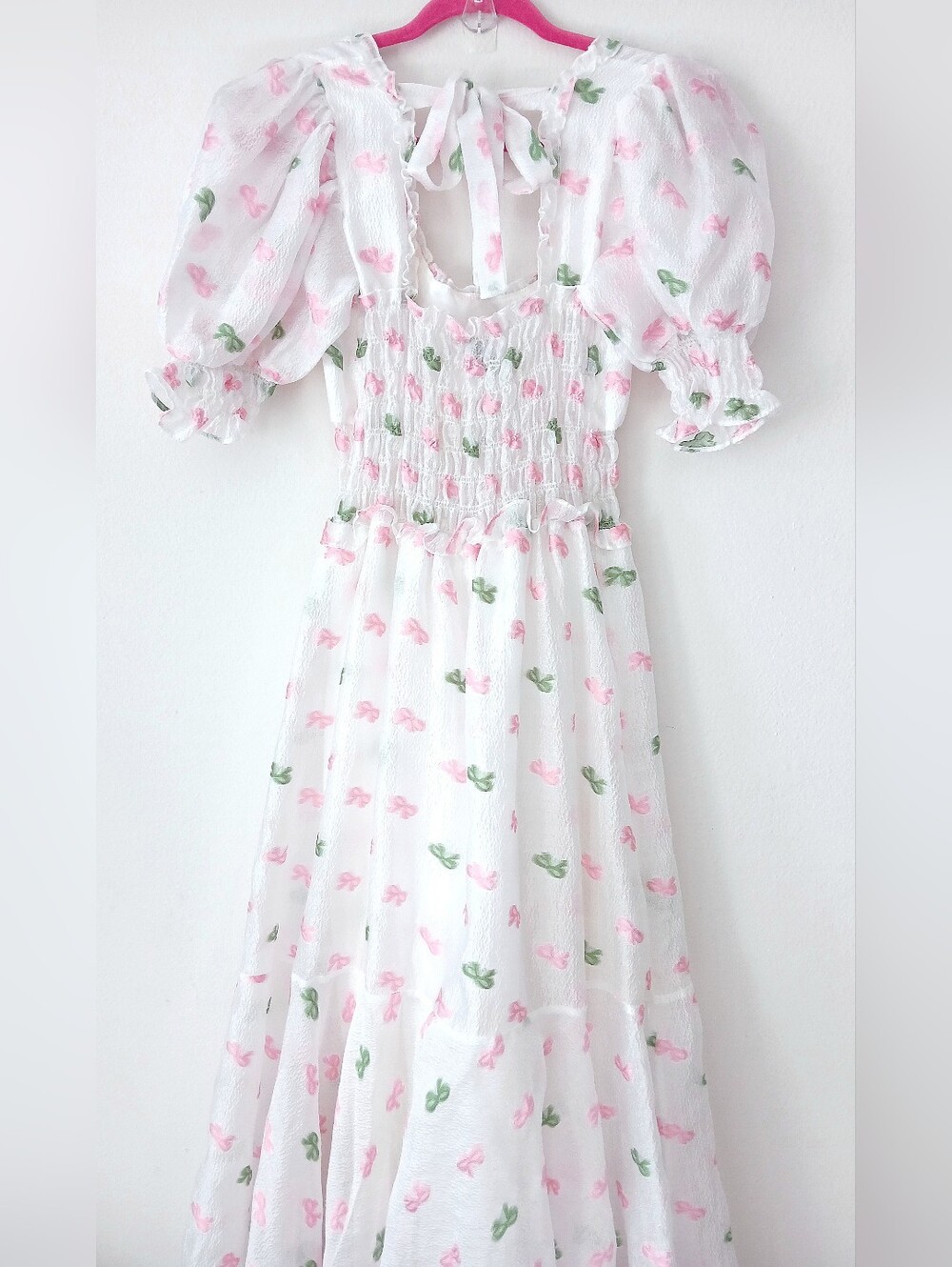 SISTER JANE Smocked PINK BOW Puff Sleeve Midi Jacquard Cottegecore DRESS Size S